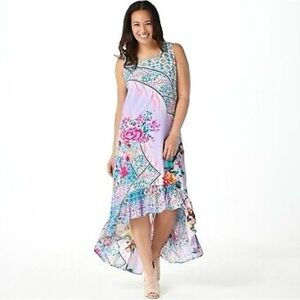 Tolani Siana Hi-Low Floral Maxi Dress Women’s Sz L Sleeveless Tropical Colorful